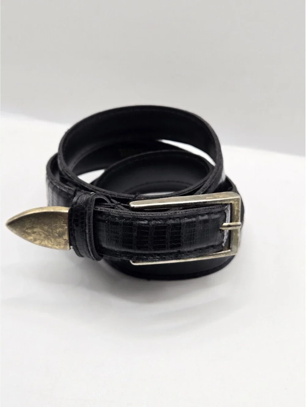 Vintage Faux Lizard Leather Men’s Belt Black Gold Tone Buckle Tip Textured 12P